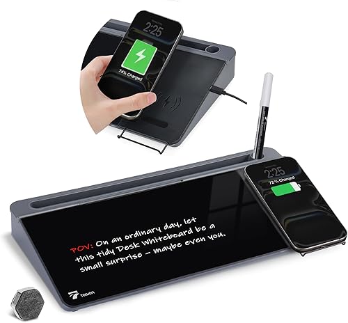 Miniatura 15 de TOWON Pizarra blanca de escritorio pequeña y compacta de vidrio con almacenamiento – Tablero de borrado en seco de 12 x 7 pulgadas para escritorio,