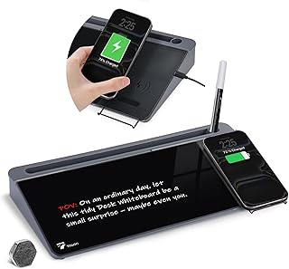 TOWON Glass Desk Whiteboard with Wireless Charger, Desktop Dry Erase Board with Storage & Phone Stand – Compact ~16 x 7 in, Black – Includes Marker & Eraser, Tempered Glass, Rewrite Reusable