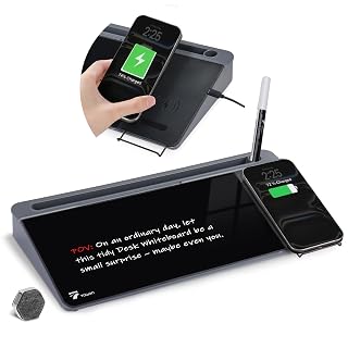 TOWON Glass Desk Whiteboard with Wireless Charger, Desktop Dry Erase Board with Storage & Phone Stand – Compact ~16 x 7 in, Black – Includes Marker & Eraser, Tempered Glass, Rewrite Reusable - Amazon product rated Grade A