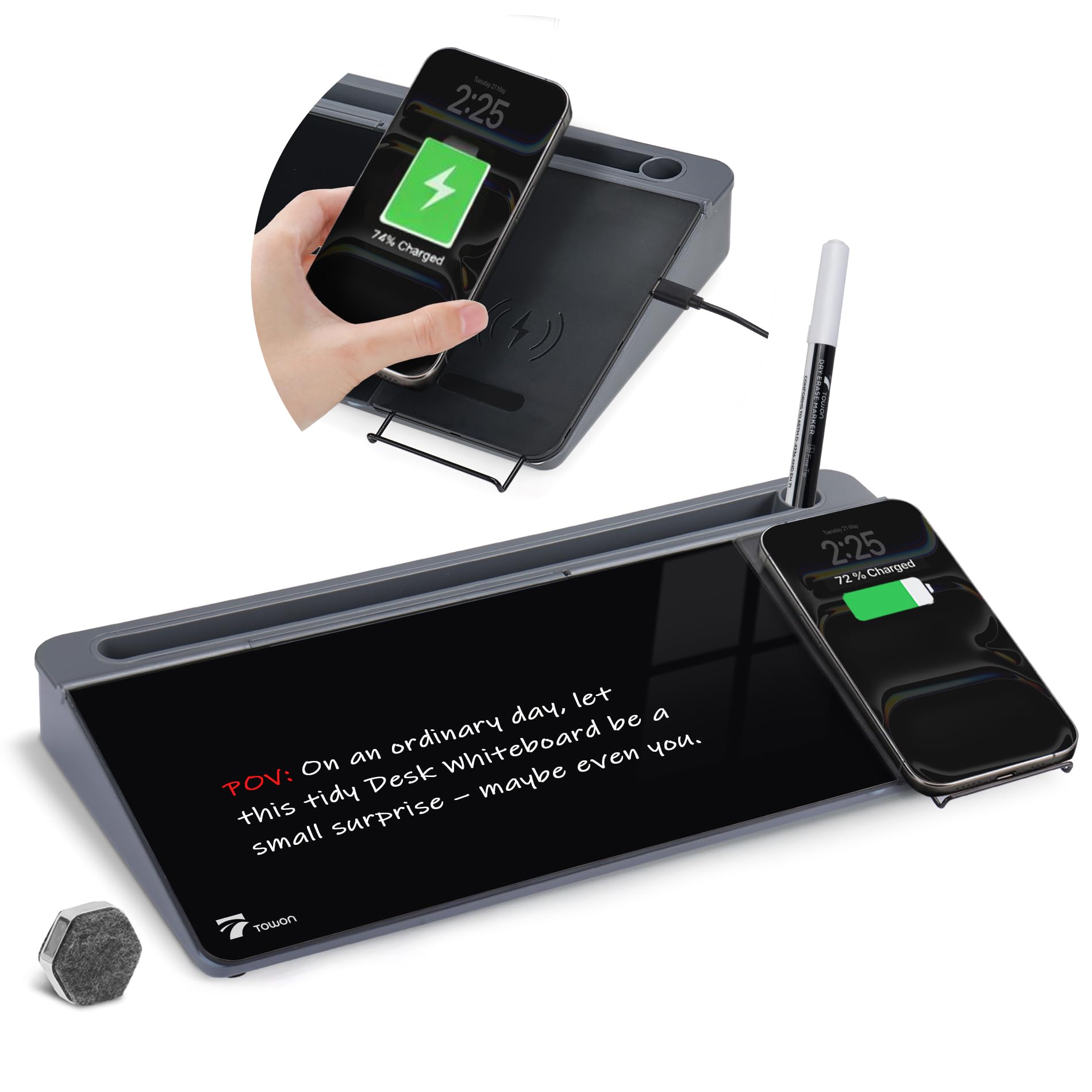 Photo 1 of TOWON Glass Desk Whiteboard 16x7 in, Wireless Charger and Storage, Black