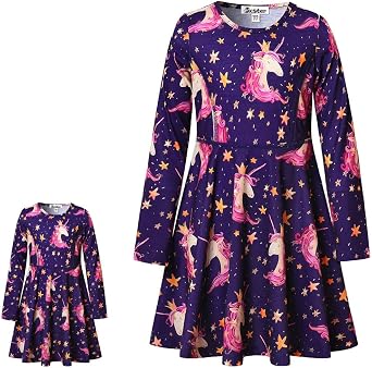 Jxstar Girls&Doll Matching Dresses Long Sleeve Unicorn Mermaid Outfits Clothes