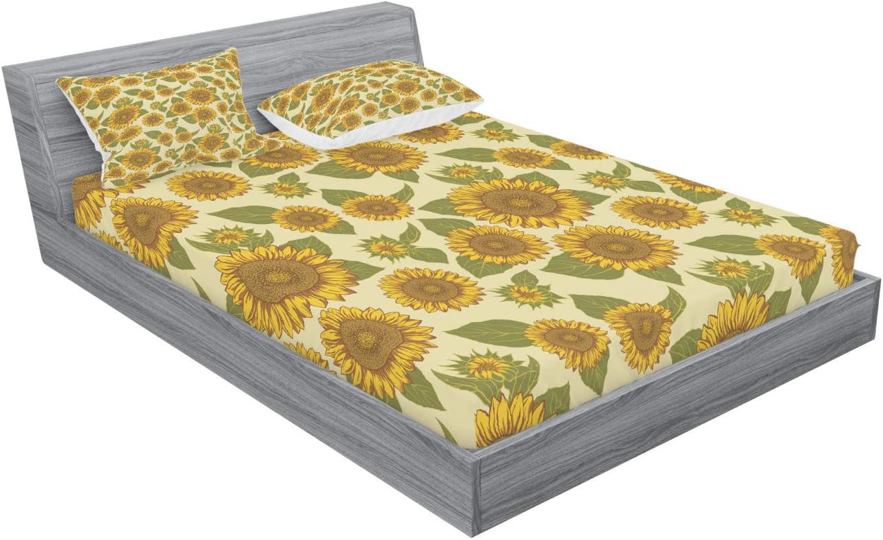 Ambesonne Sunflower Fitted Sheet & Pillow Sham Set, Funky Style Sunflower in Pastel Colors Old Fashioned Nostalgic Vintage Print, Decorative Printed 3 Piece Bedding Decor Set, Full, Yellow Green