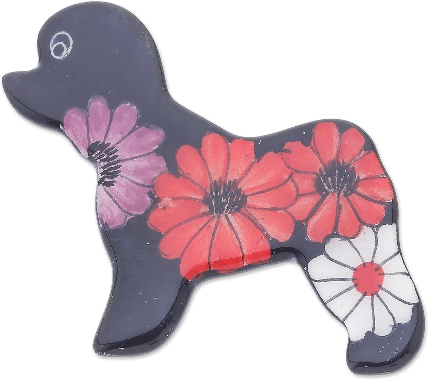 NOVICA Artisan Handpainted Ceramic Brooch Pin Black Poodle Dog with Flowers Multicolor Thailand Floral [1.8 in L x 1.8 in W x 0.1 in D] ' Black Floral Poodle'