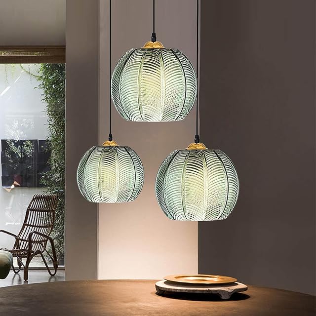 KOSHSH Pendant Lights 3-Light Cluster Ribbed Shade Pendant Light Fitting with Adjustable Cord,E27 Bulb Base,Modern Glass Globe Hanging Lamp for Living Room,Kitchen,Dining Room,Bedroom