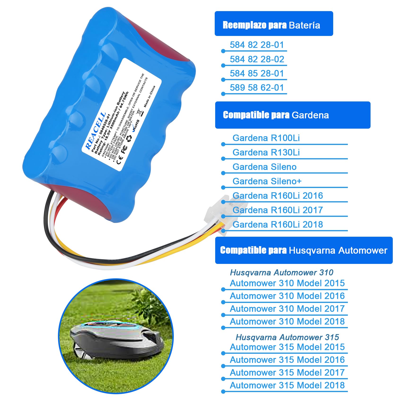 5848228-01 Batería para Husqvarna Automower 310,315,315X(2015-2018) | 18.5V 3500mAh Batería Li-Ion repuesto 5848228-02,5848528-01 Compatible para Gardena Sileno R100Li,R130Li,R160Li,