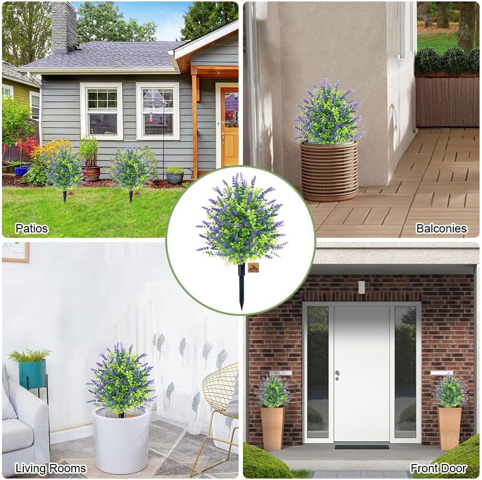 UV Resistant Artificial Lavender Topiary Trees for Outdoors, 22" Artificial Boxwood Topiary Ball Trees with Ground Spike, Fake Shrubs Bushes Faux Plants for Front Porch Garden Home Decor (1)