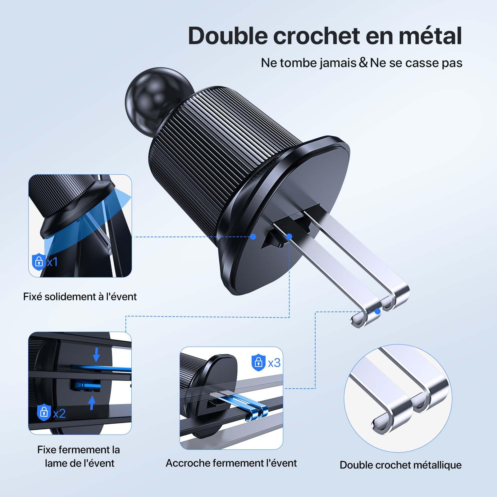 Miracase Support Telephone Voiture Bouche D'aération[Crochet Double Métallique Amélioré]360° Rotation Porte Téléphone Voiture Mains libres à une main pour tous les Smartphones