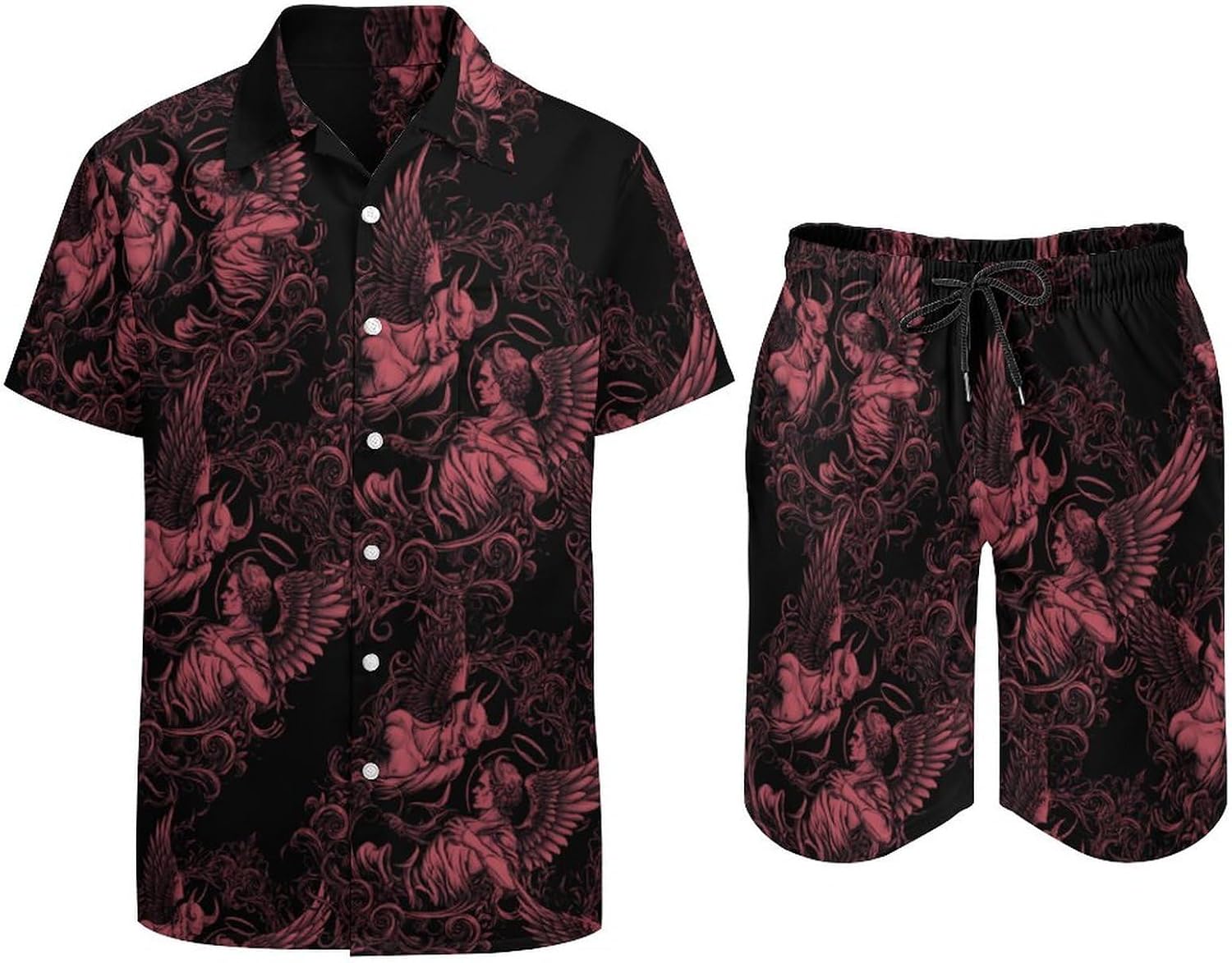 Dark Devil Angeled Men's Summer Beach 2 Piece Outfits | hawaiian button down shirt and shorts,vacation cruise,mens bathing suit