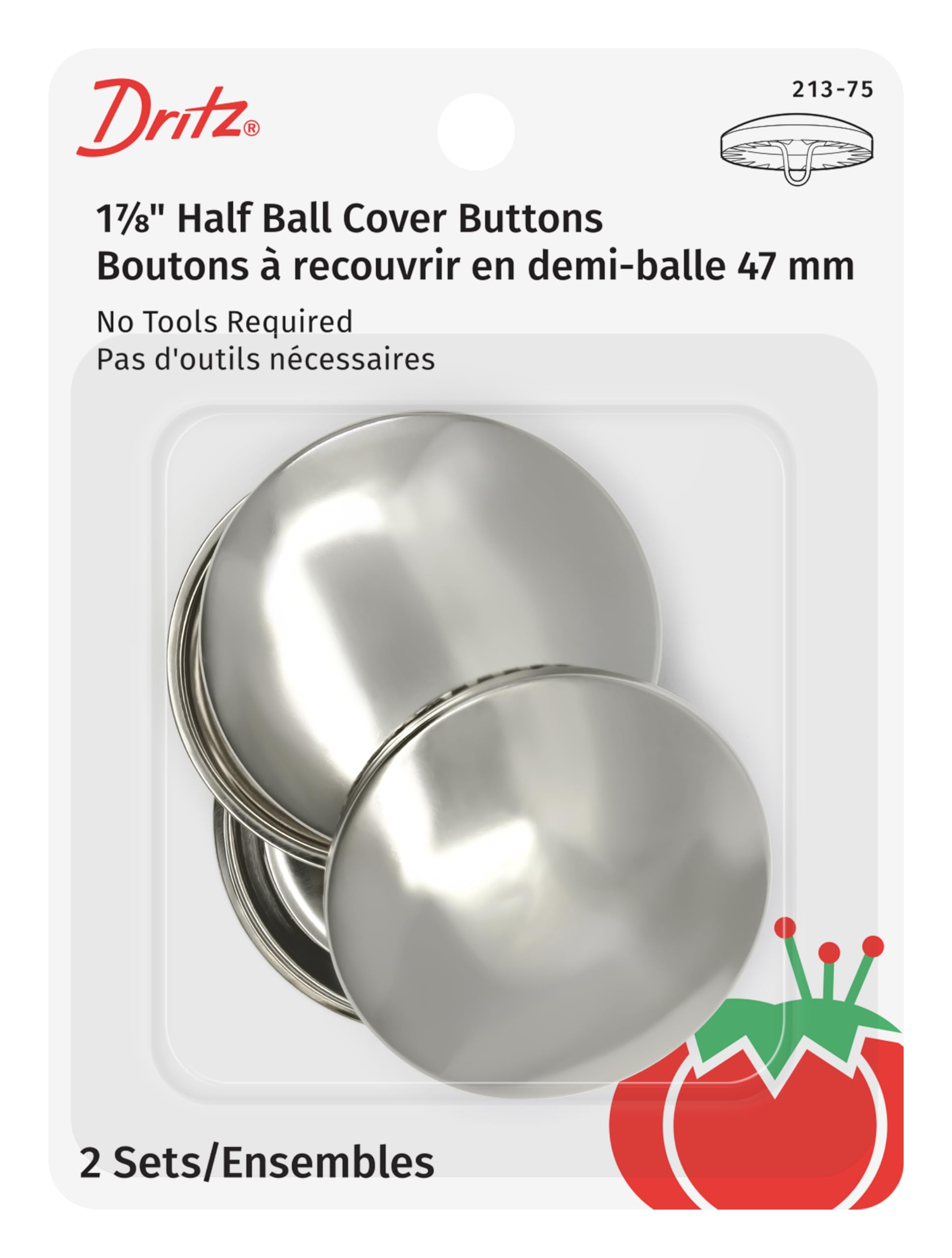 Dritz 213-75 Half Ball Cover Buttons, Size 75 (1-7/8-Inch), 2-Sets, Nickel