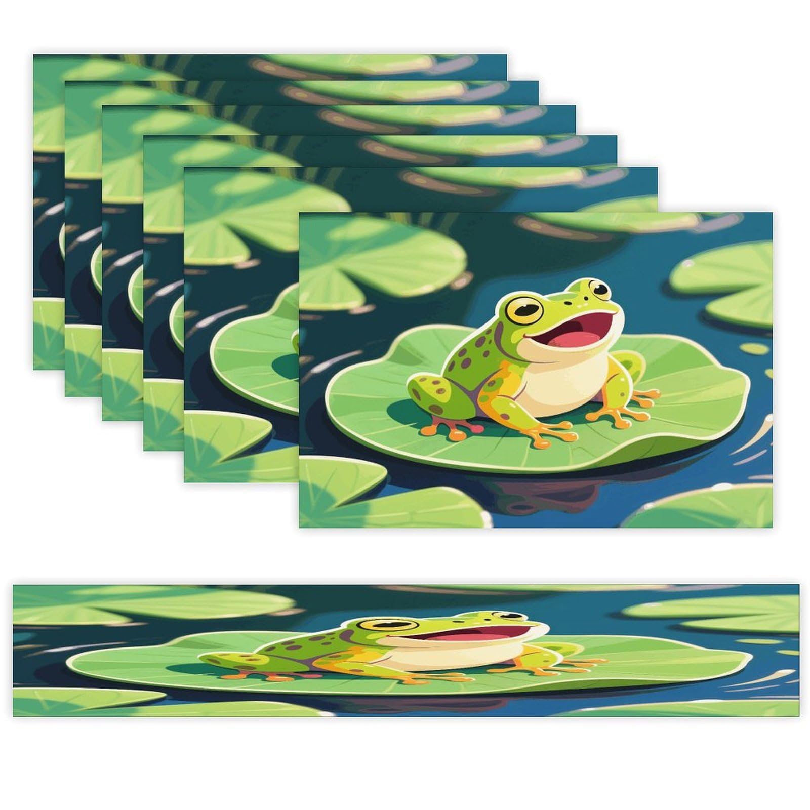 Frog in The Pond Table Runner and Placemats Set of 7 Linen Table Mat Non-Slip Place Mats Washable Placemat Heat Resistant Place Mat with Table Runner for Party Dining Decor