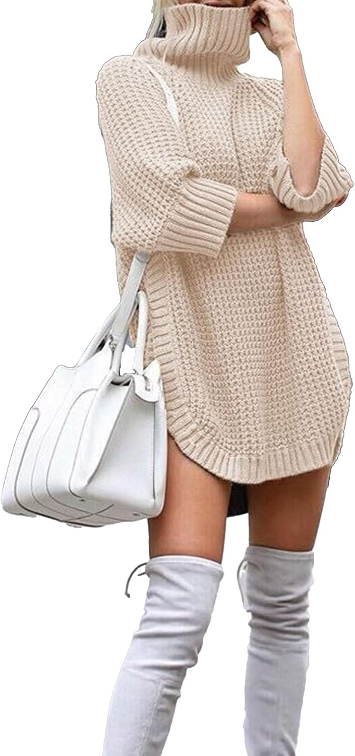 Women Turtleneck Long Sleeve Mini Sweater Dress Oversize Casual Baggy Loose Dress Slouchy Tunic Ribbed Knit Pullover