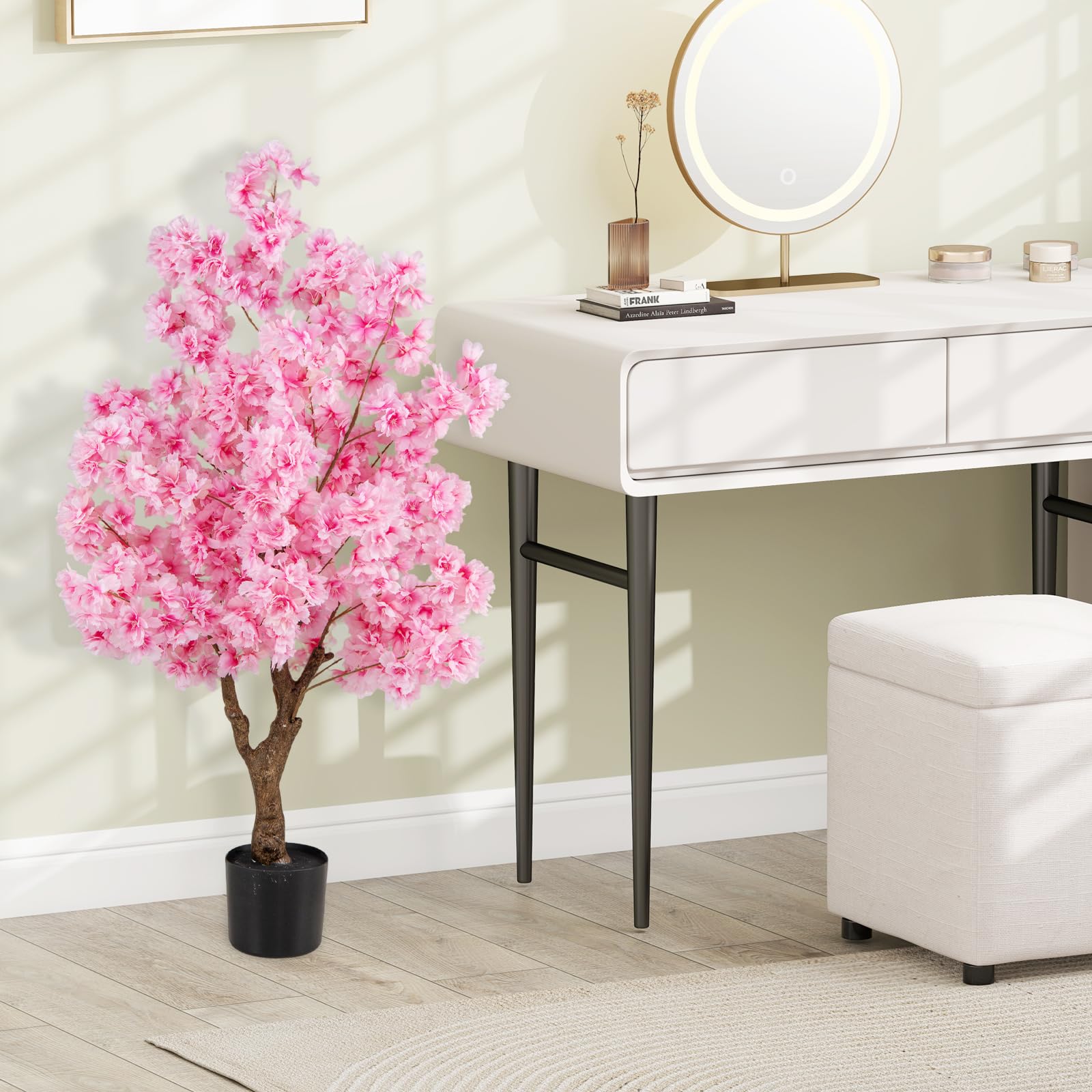 COSTWAY Plante Artificielle en Pot Remplies de Ciment 120CM, Fausse Cerisier avec 900 Fleurs Roses Tronc en Polyéthylène Multi-Branches, Décoration Moderne pour Salon Balcon Bureau
