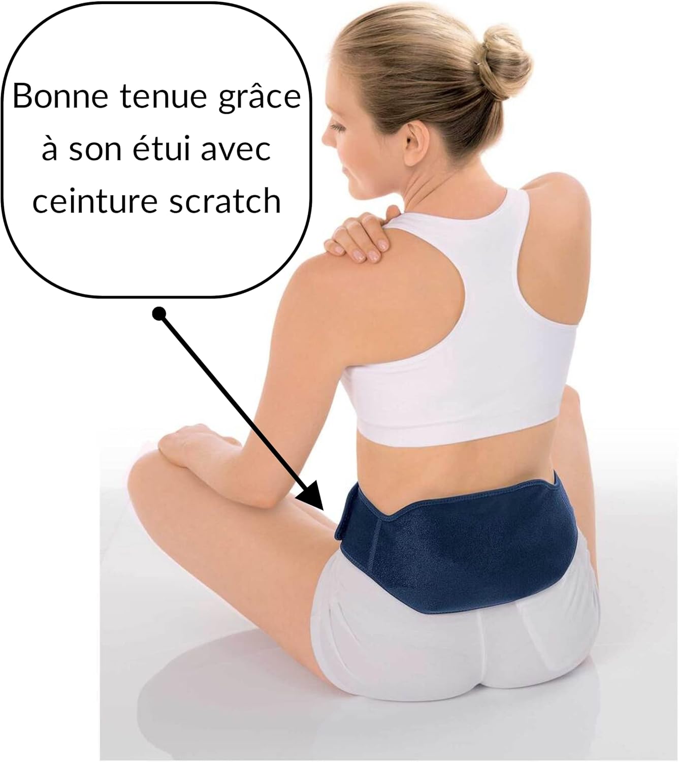 Woman using Sensiplast gel ice pack with strap on her lower back