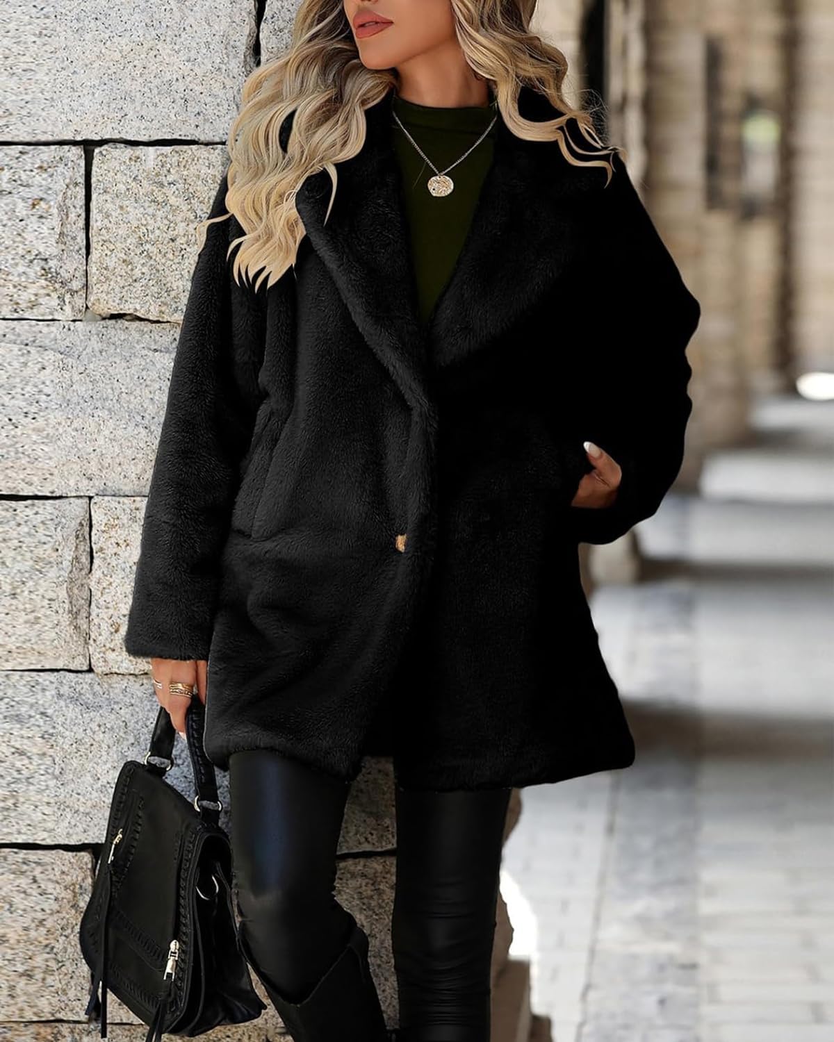 ebossy Women's Retro Plaid Pea Coat Notched Lapel Button Up Wool Blend Mid Long Overcoat with Pockets - Image 4