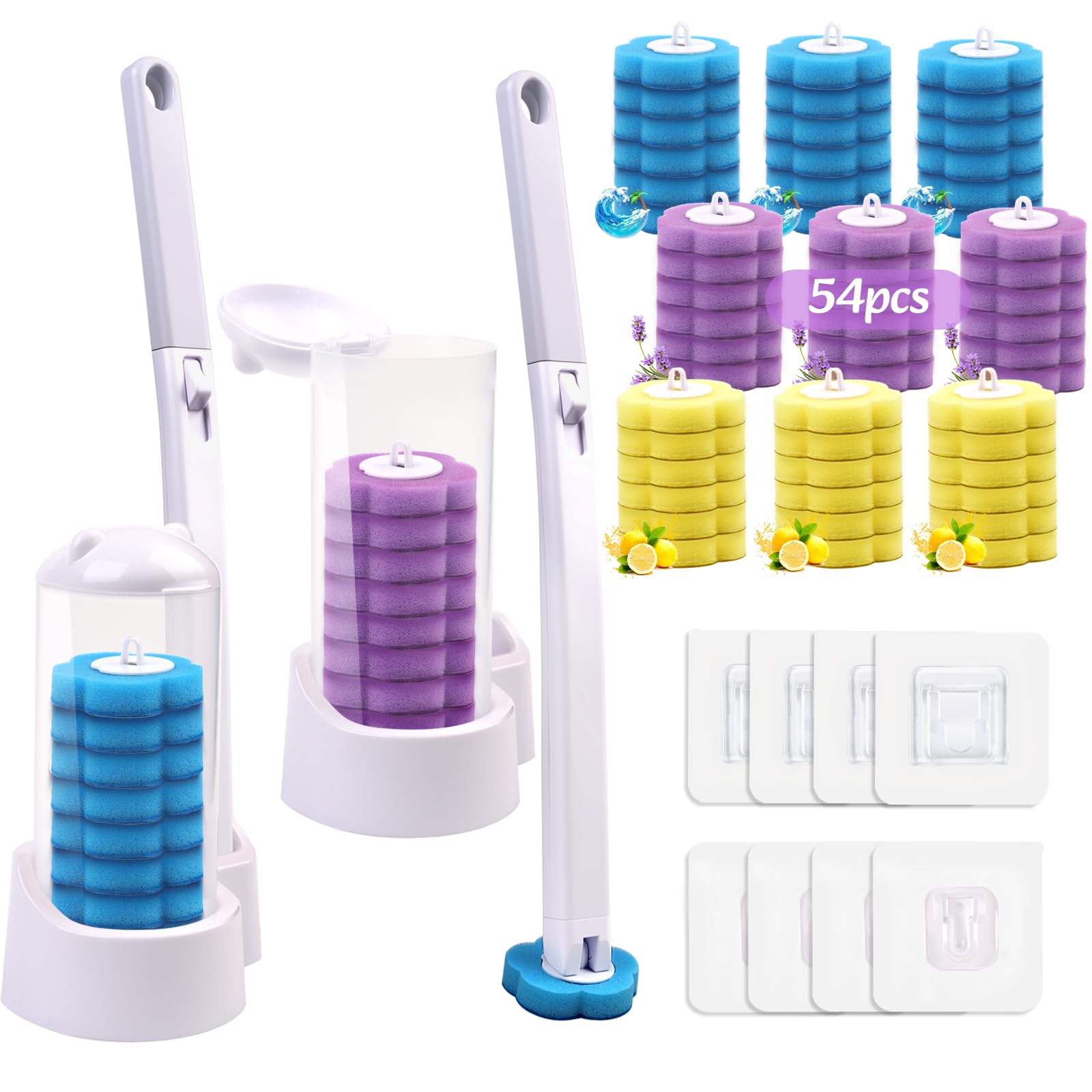 Brosse WC avec 54 recharges nettoyantes et 2 manches incurvés allongés