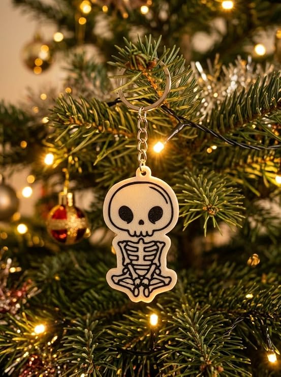 Cute Skeleton Keychain Ornament - Spooky Pop Art Icon Black White Bag Charm 043