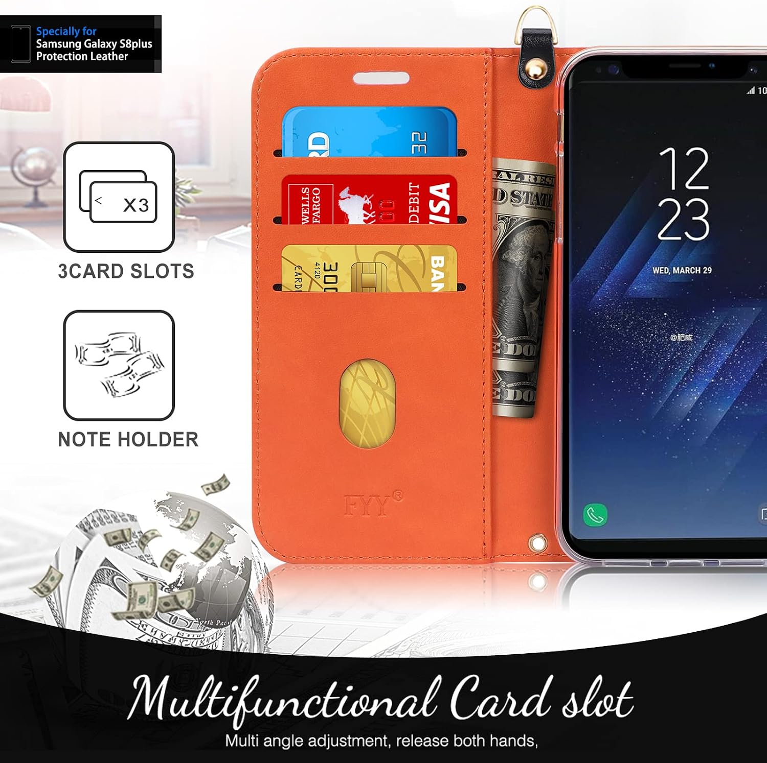 FYY Designed for Samsung Galaxy S8 Plus Case, PU Leather Wallet Phone Case with Card Holder Flip Protective Cover [Kickstand Feature][Wrist Strap] for Samsung Galaxy S8 Plus Black