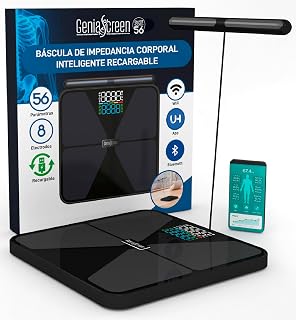 Bascula Bioimpedancia Smart Wi‑Fi Balanca Personas Inteligente Recargable 56 Mediciones Vidrio Templado Capacidad 180Kg GeniaScreen SmartCore Display LED Masa Muscular Grasa BMI Bluetooth