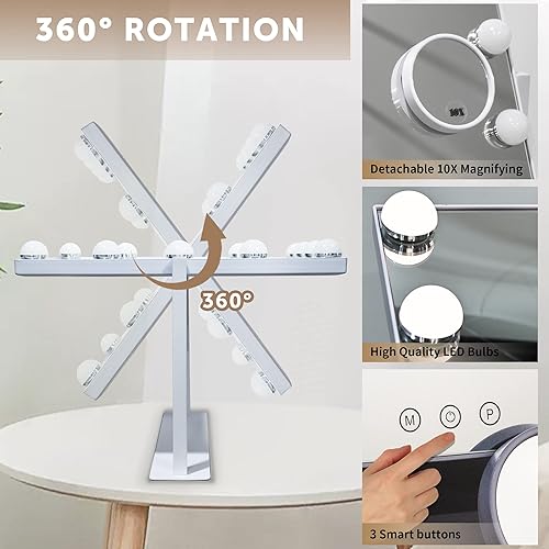 Miniatura 6 de Espejo de tocador con luces, 12 bombillas LED regulables, espejo Hollywood desmontable, 10 aumentos, control táctil, espejo de maquillaje recargable