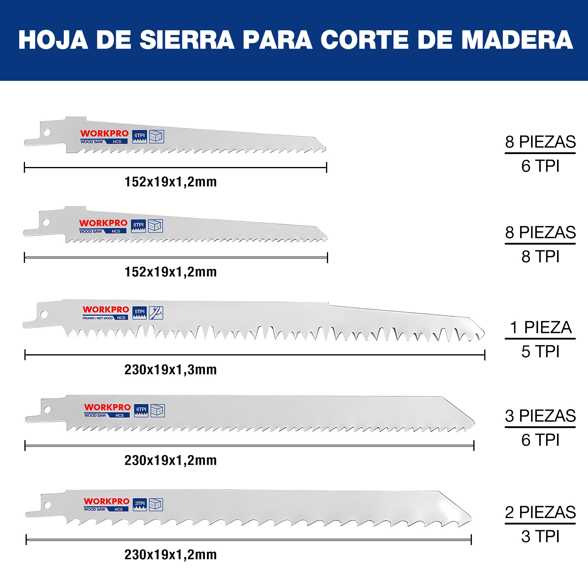 WORKPRO Hojas de Sierra Sable para Madera y Metal 32 Piezas, Cuchillas de Sierra con Bolsa Organizador, para Madera, Metal o Plástico, Ideal para Cortar Ramas