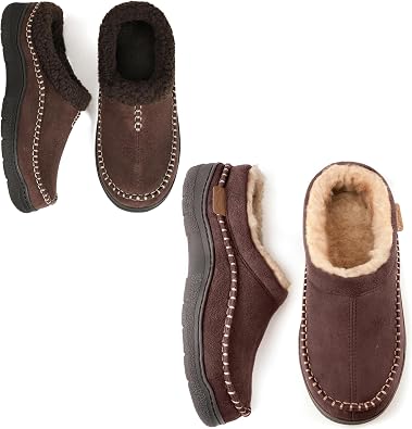 Zigzagger Double the Style Set of 2 Pairs Size 11-12,Mens Slip On Moccasin Slippers, Indoor/Outdoor Warm Fuzzy Comfy House Shoes, Fluffy Wide Loafer Slippers,Coffee&Lamb Coffee