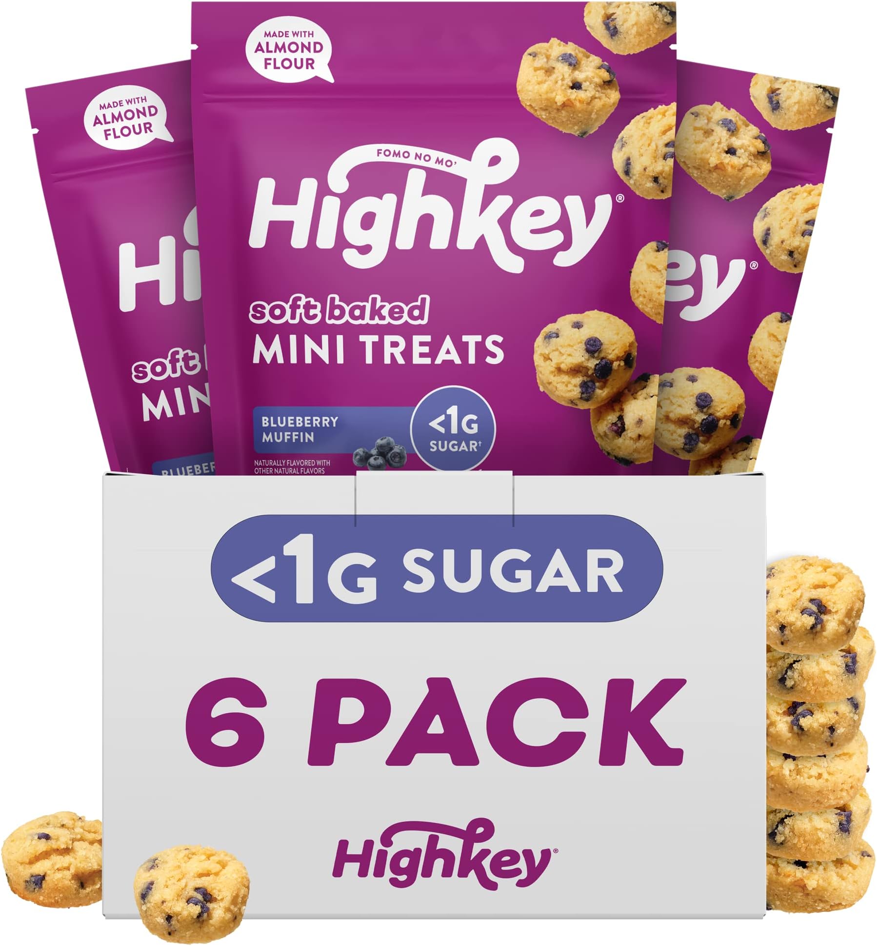 HighKey Blueberry Muffin Mini Treats, Gluten Free and Grain Free, Low Carb Keto Snack, Zero Sugar, 2 oz Bags (Pack of 6)