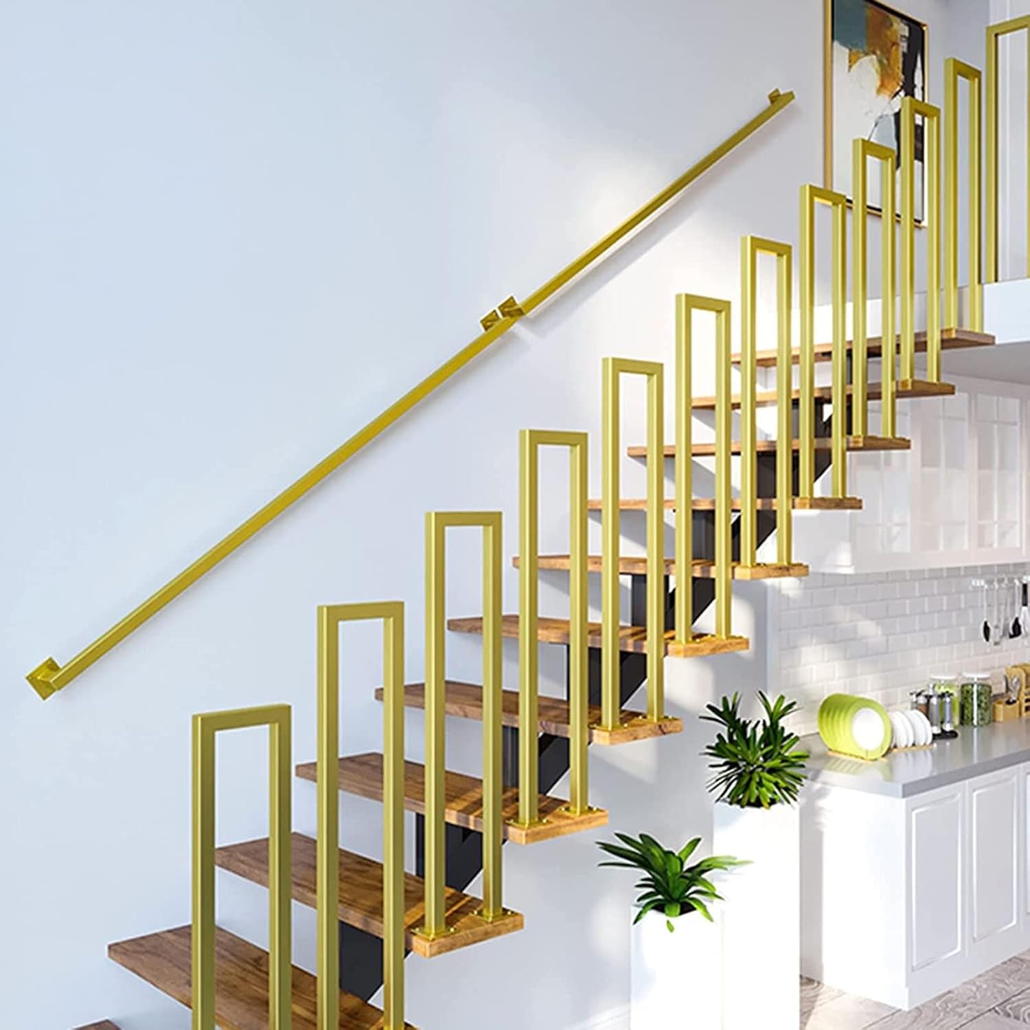 Modern Stair Handrail Grab Bar Kit, Gold Galvanized Industrial Iron Hand Rail for Indoor Stairs Wall Mount Support, Wall Staircase Handrail, Safety Handle, Steps Baluster (Size : 9ft/274cm)