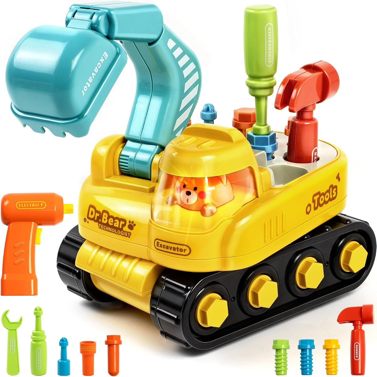 Toys for 2 Year Old Boys: Toddler Tool Set, Excavator Take Apart Toys | Toy for 2 3 Years Old Kids Birthday Gift With Electric Drill, Screwdriver, Wrench, Learning Pretend, Musical, Light