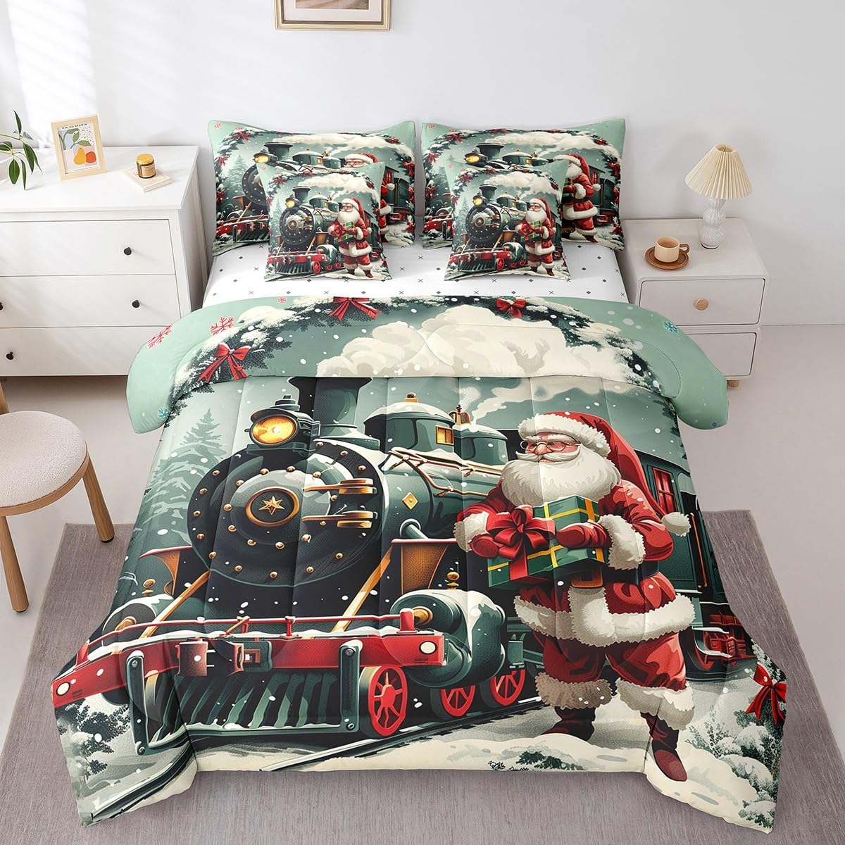 Manfei Christmas Bed Set in a Bag 7 Pcs,Cute Santa Claus Red Bowknots Xmas Gifts Bedding Set,Vintage Green Steam Train Winter Snowy Comforter with Fitted,Flat Sheet,Pillowcase,Pillow Covers,Twin