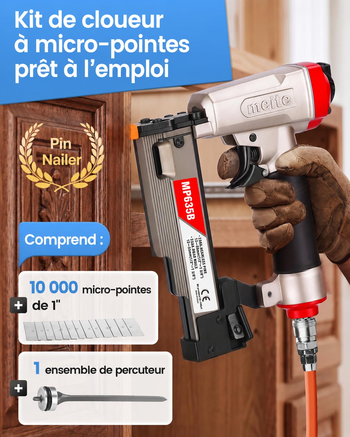 meite MP635B Cloueuse avec 10 000 clous (25 mm), cloueuse pneumatique de calibre 23, pistolet à ongles pneumatique, convient aux clous de calibre 23 de 12 mm à 35 mm, idéal pour les panneaux, petite