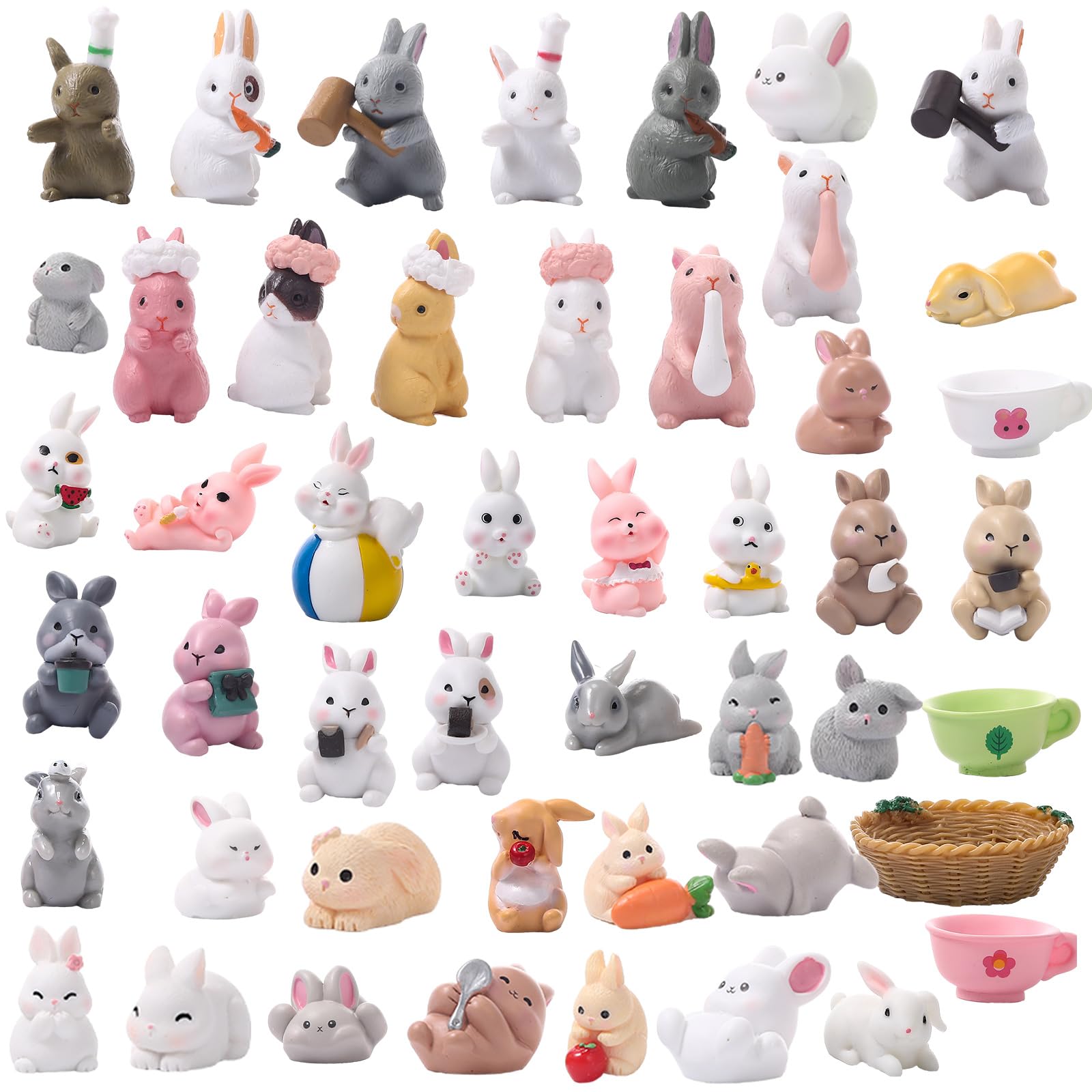 50 Pcs Mini Rabbits Figurine Bunny Fairy House Diorama Accessories Mini Rabbits Bunny Figurines Micro Landscape Garden Ornaments for DIY Easter Egg Fillers Dollhouse Cake Decor(Funny)