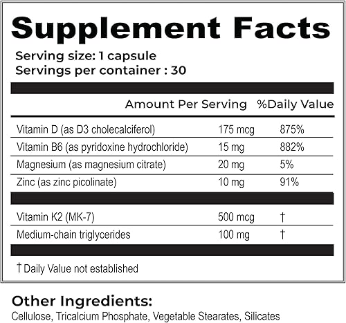 Miniatura 2 de Vitamina D3 + K2 - Salud ósea y apoyo inmunológico - 7000 UI(175 MCG)D3 + 500 MCG K2 - Cofactores B6, magnesio y zinc - Sin gluten, vegano, sin OMG