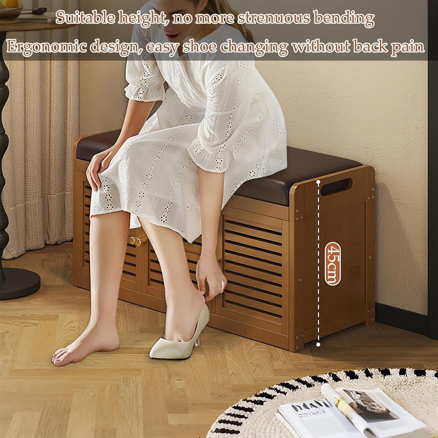 Storage Ottoman,Storage Bench,Entryway Bench with Cushion,Chest with Lid,Holds Up to 200kg,for Livingroom Bedroom & Entryway Light Cream(89x32x45cm)