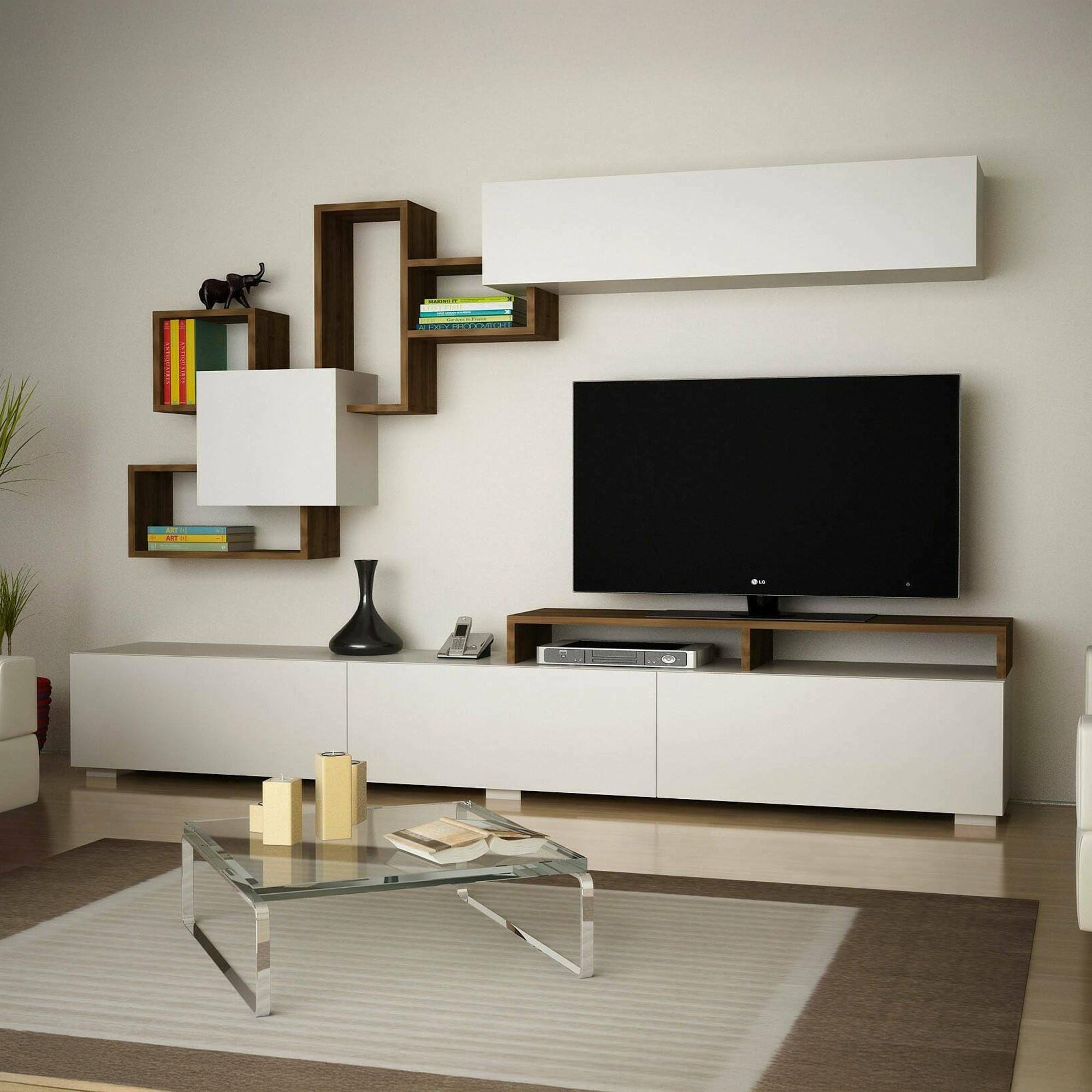 Dmora - Parete attrezzata Thalassa, Composizione soggiorno, Mobile salotto multiuso, Armadio porta TV, 210x37h47 cm, Bianco e Noce