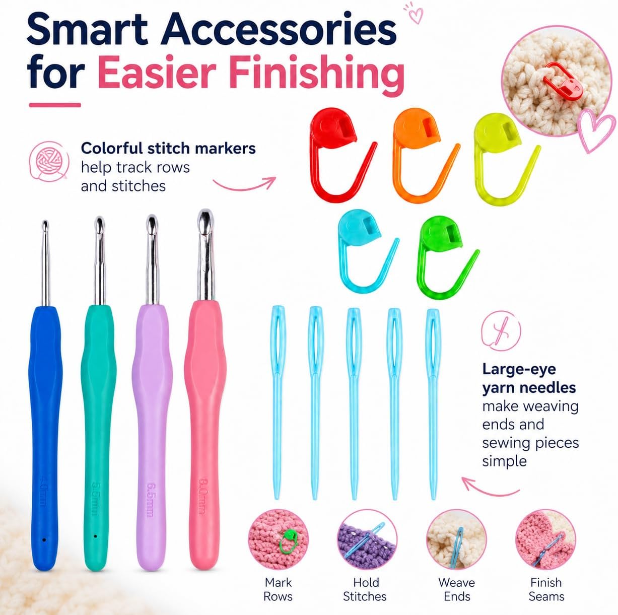 4 Sizes Crochet Hooks Set with Stitch Markers & Yarn Needles, Ergonomic Soft Grip Handles for Beginners & Arthritic Hands, 4.0mm 5.5mm 6.5mm 8.0mm Aluminum Knitting Needles for Scarves, Hats,