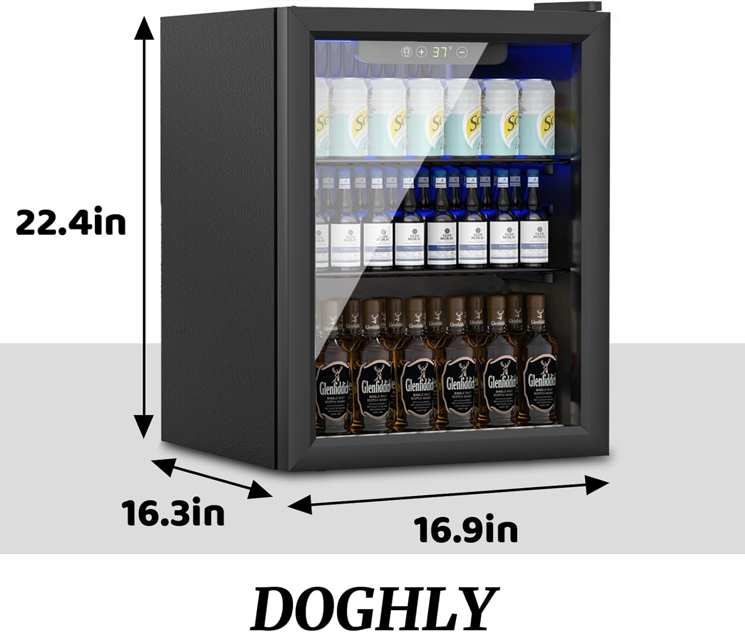 DOGHLY 1.7 Cu.ft Beverage Refrigerator Cooler, 72 Cans Mini Fridge with Glass Door, and Temperature controllable switch for Soda, Beer or Wine For Office or Bar with Removable Shelves