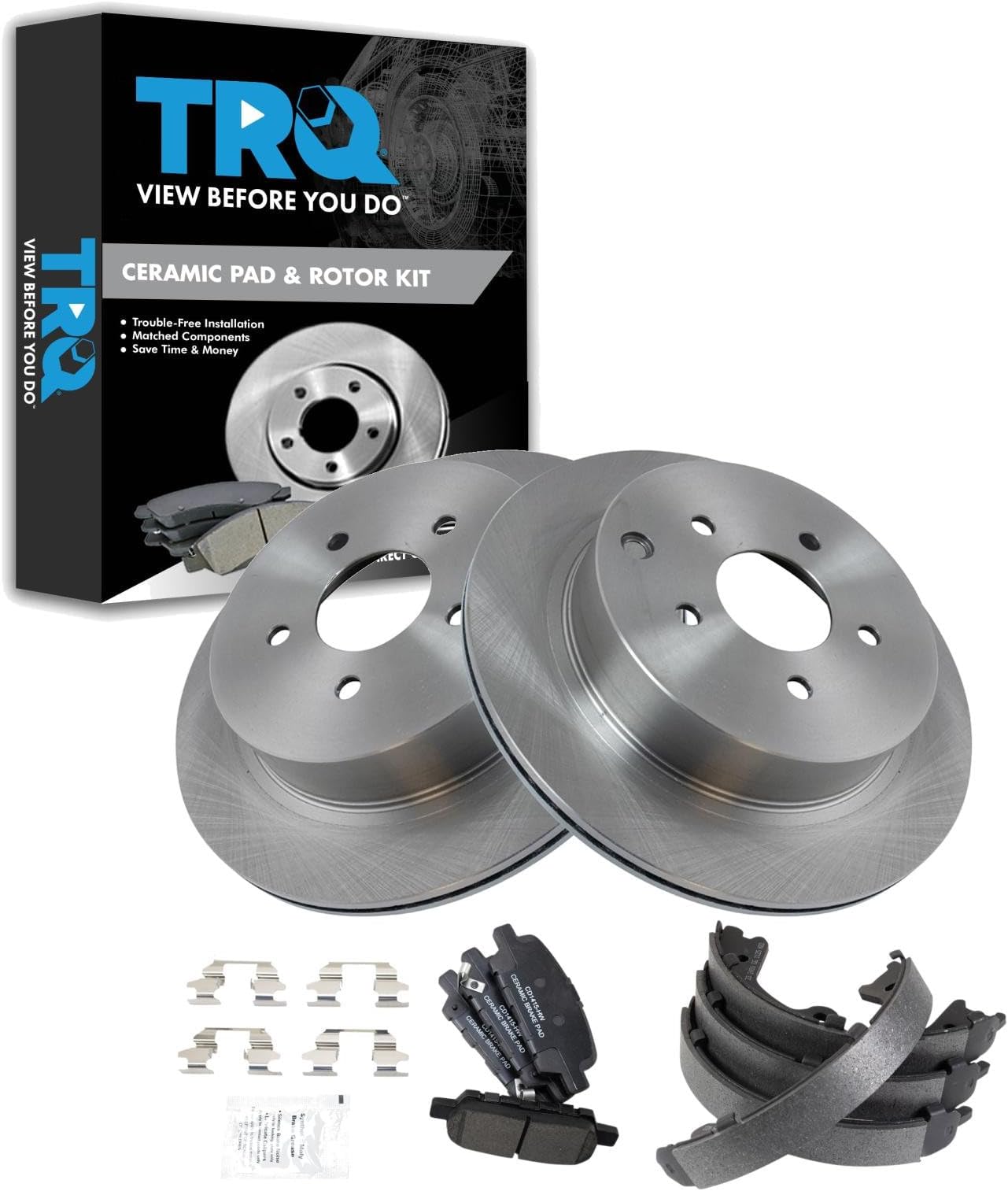 TRQ Rear Brake Pad & Rotor Kit Ceramic Compatible with 10-12 FX35 13 FX37 JX35 12-13 M35h 11-13 M37 M56 03-17 Murano 13-17 Pathfinder 14-17 Q50 17 Q60 Q70 15-17 Q70L 08-16 Quest QX60 QX70