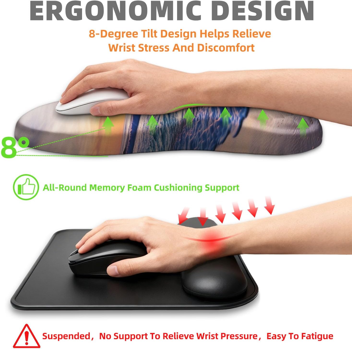 Ergonomic Mouse Pad with Wrist Rest, Memory Foam Wrist Support for Carpal Tunnel Pain Relief, Massage Design Mousepad and Non-Slip Base for Office and Gaming, 12x8 Inch, Beach Sunset
