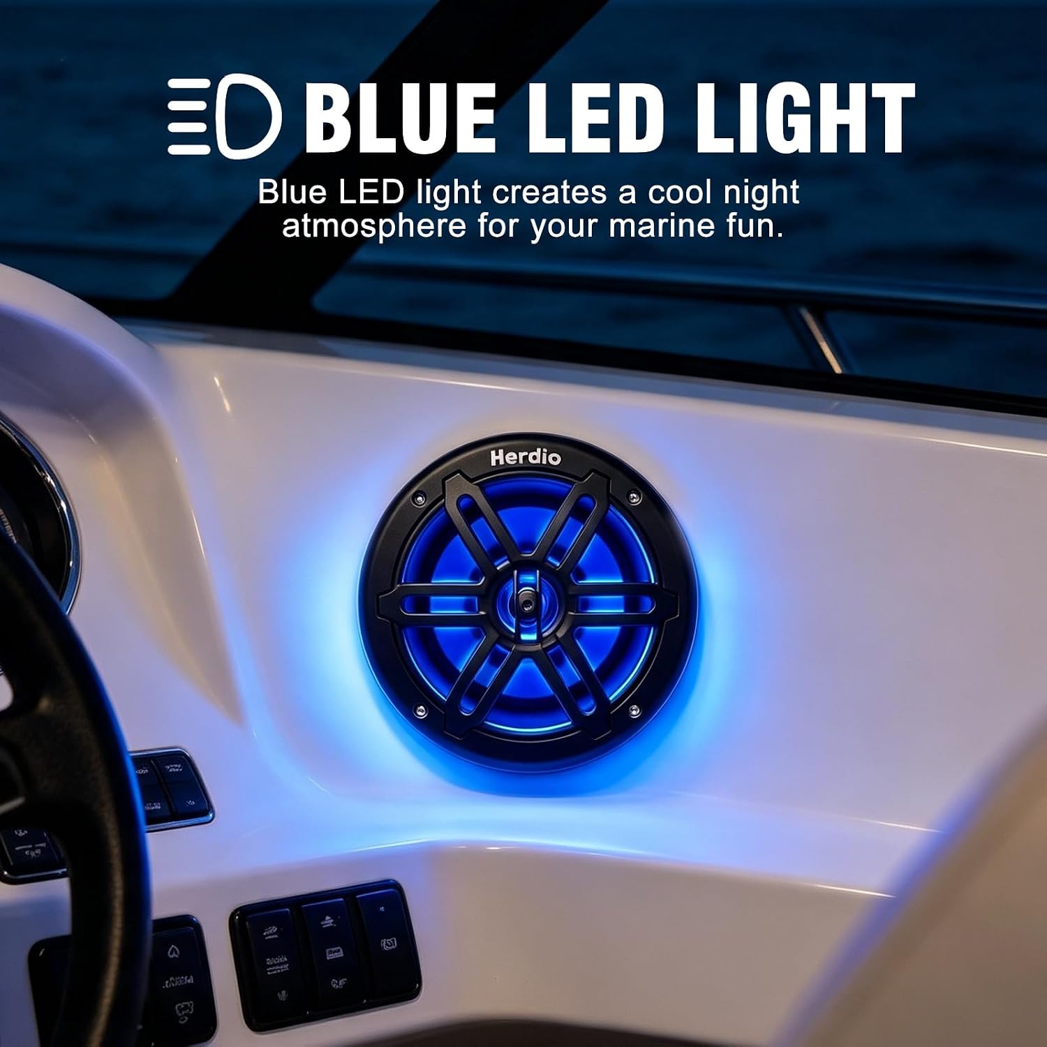 Herdio 6.5 Inch 350W Bluetooth Marine Speakers with Blue LED Light - 2 Way Waterproof Coaxial Speakers for Boats, ATVs, UTVs (A Pair, Black)