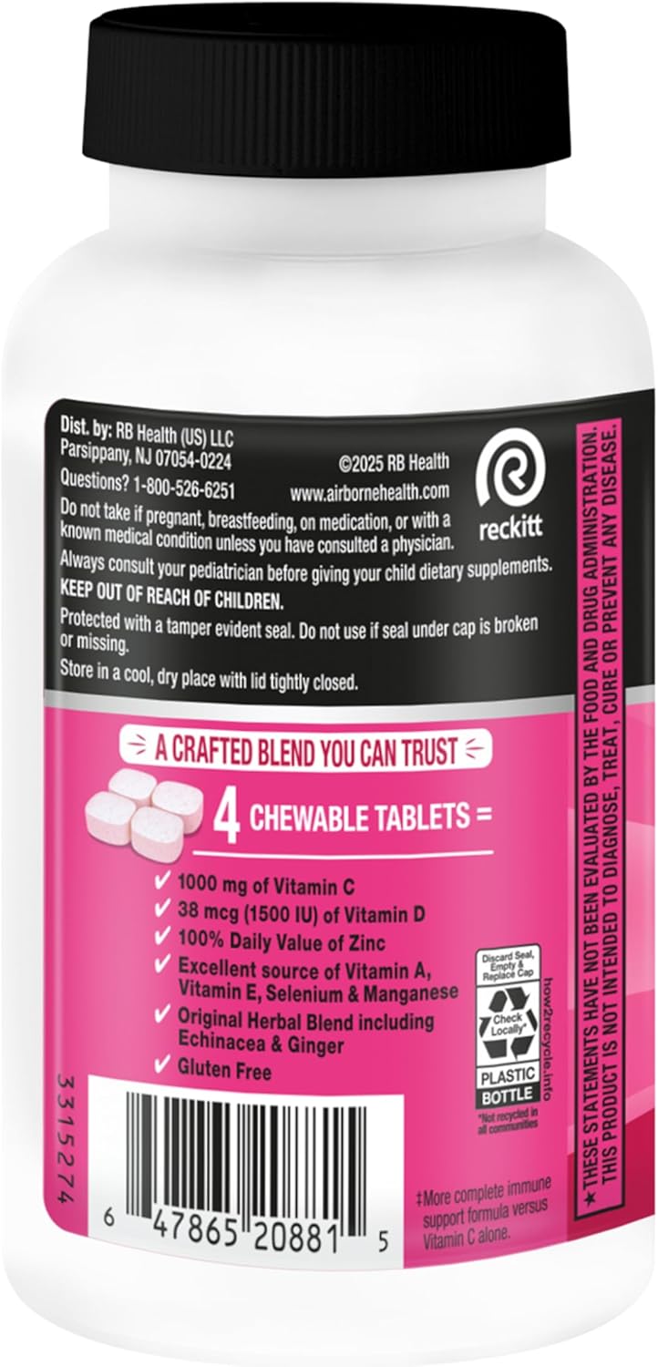 Airborne Vitamin C 1000mg (per Serving) - Very Berry Chewable Tablets (116 Count in a Bottle), Gluten-Free Immune Support Supplement, with Vitamins A C E, Zinc, Selenium, Ginger, Antioxidants - Image 15