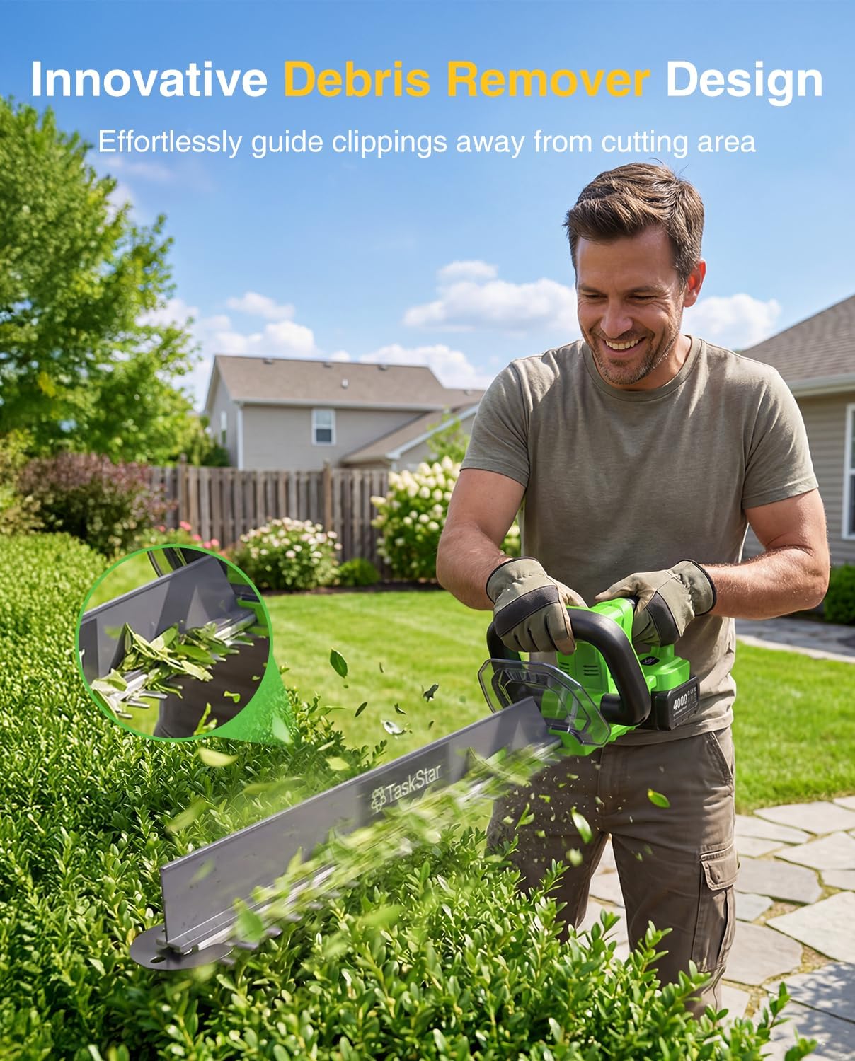 TaskStar 22" Hedge Trimmer Cordless: Electric Bush Trimmer with Debris Remover, 2x4.0Ah Rechargeable Battery, Dual-Action Blade, Handheld All-Around Trimming Shrub Hedge Clippers for Garden Yard