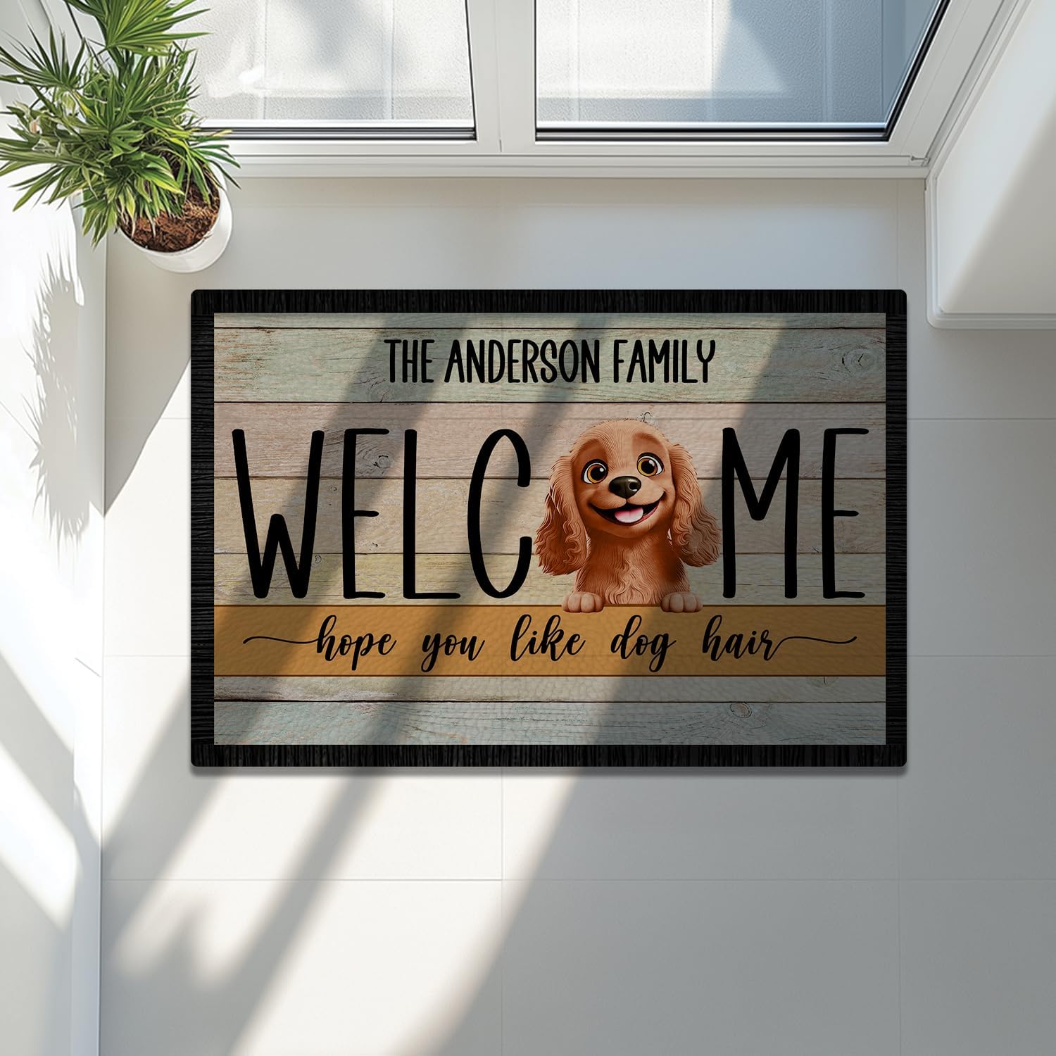 Personalized Dog Lover Welcome Doormat – Custom Family Name and Cartoon Dog Illustration – Durable Non-Slip Polyester Outdoor Rug – Vibrant Fade-Resistant Colors, Ideal Housewarming Gift