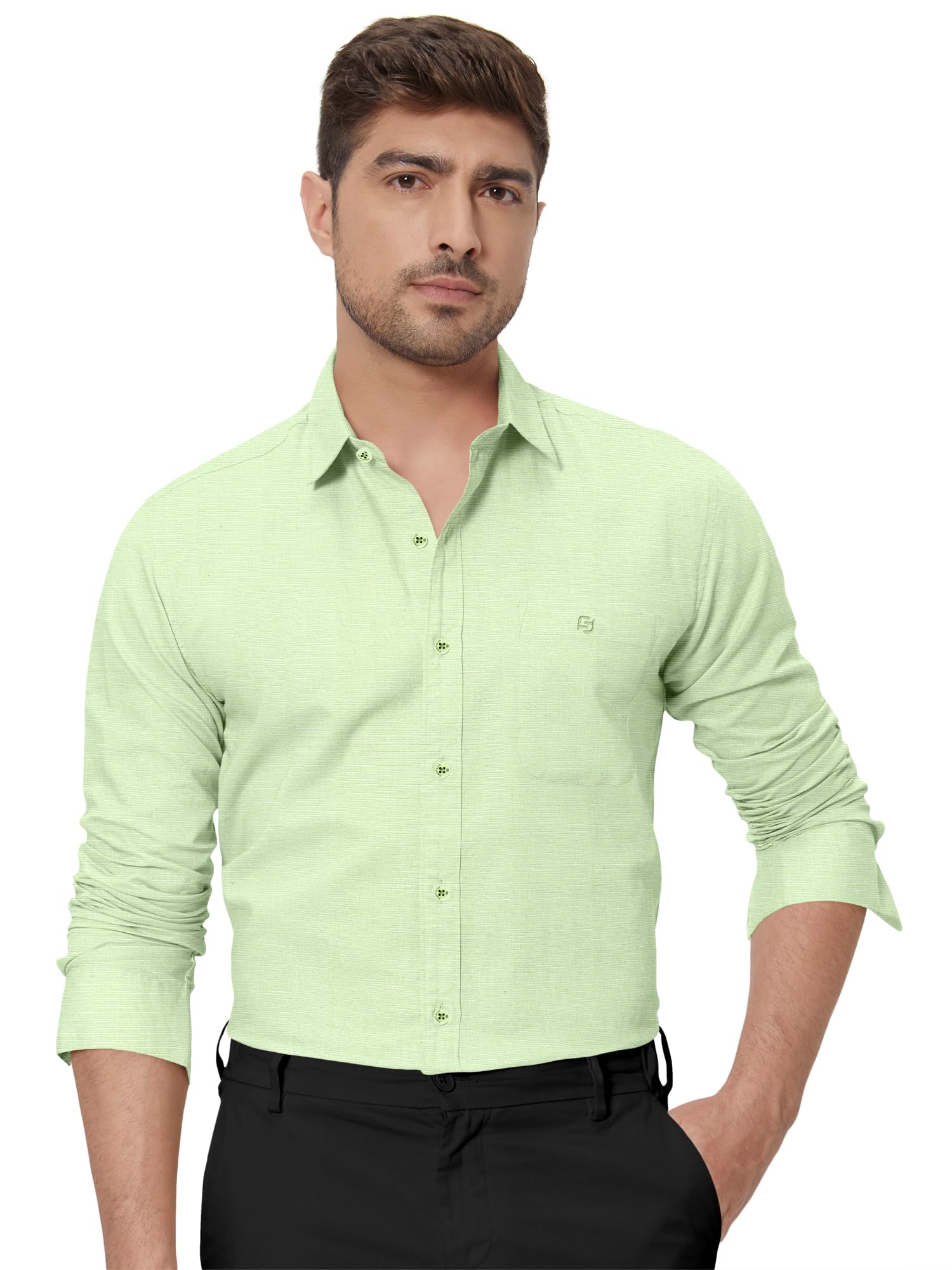 Mens Linen Casual Spread Collar Plain Shirt (in, Alpha, S, Regular, Light Green)-image-32
