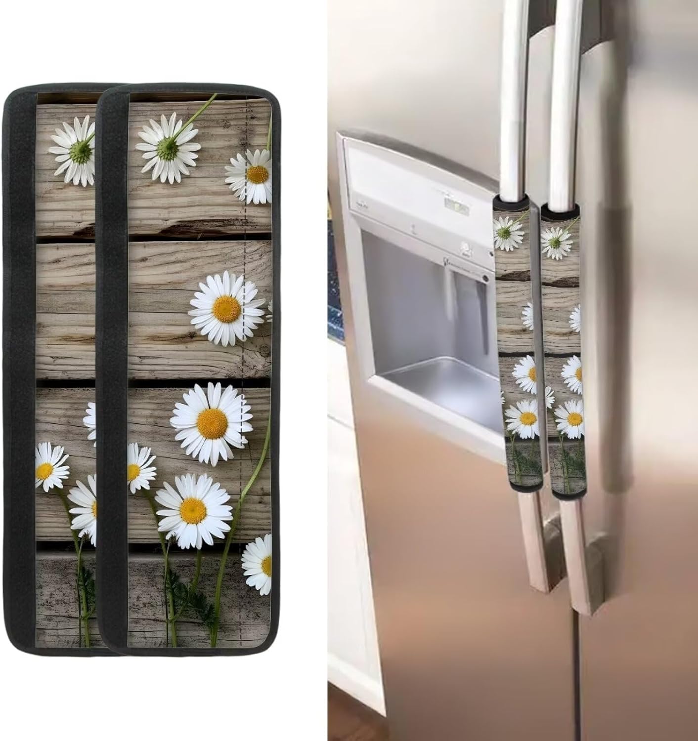 2 Piece Refrigerator Handle Covers Washable Non-Slip Kitchen Appliance Armrest Decoration Mat for Fridge Dishwashers Microwave Kitchen Decor, Daisy Wood Panel