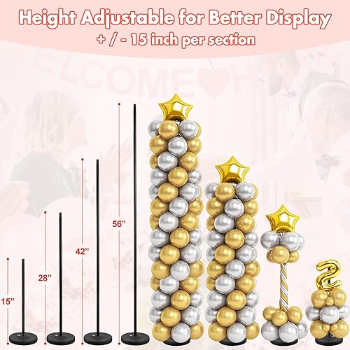 Miniatura 4 de Soporte para globos, juego de 2, 56 pulgadas de altura ajustable, empalme de poste de metal, kit de soporte de arco de columna de globos con base