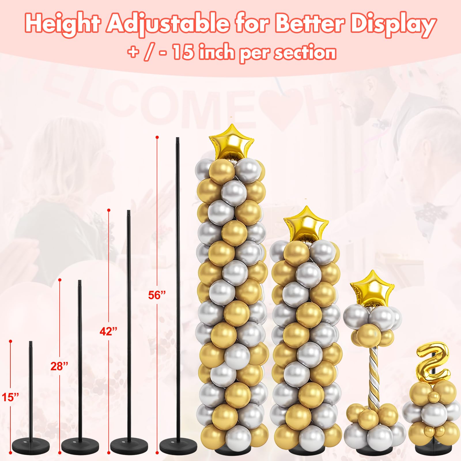 Soporte para globos, juego de 2, 56 pulgadas de altura ajustable, kit de soporte de arco de columna de globos con base para suelo, centros de mesa, pilar de torre de globos para fiesta de cumpleaños,