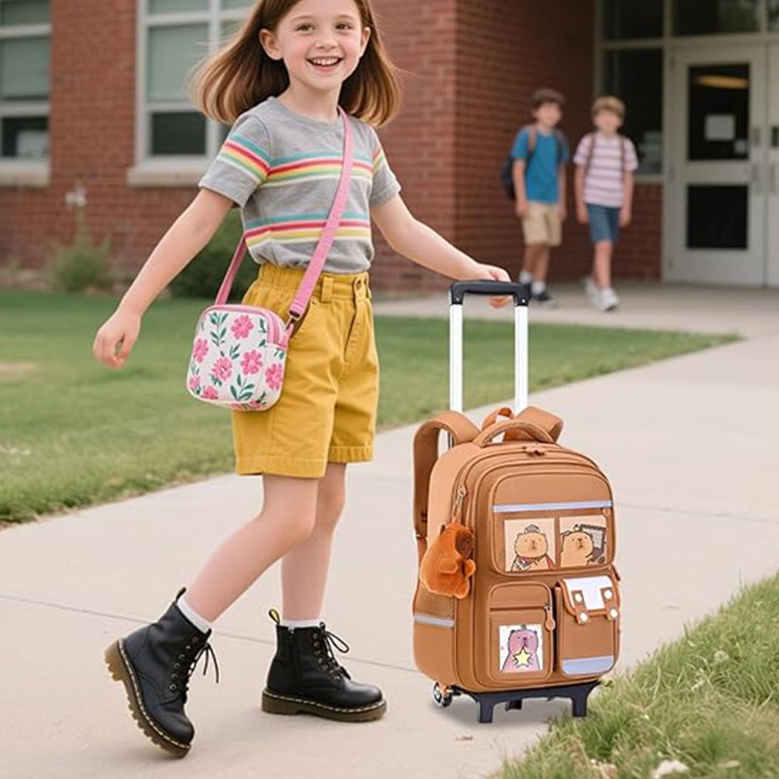 Mochila con Ruedas Bolsa de Gran Capacidad con Asa Retráctil y Altura | Estampado de Capibara en Mochila con Ruedas para Viajes, Escuela, Trabajo, Avión, Negocios, Niños, Niñas,