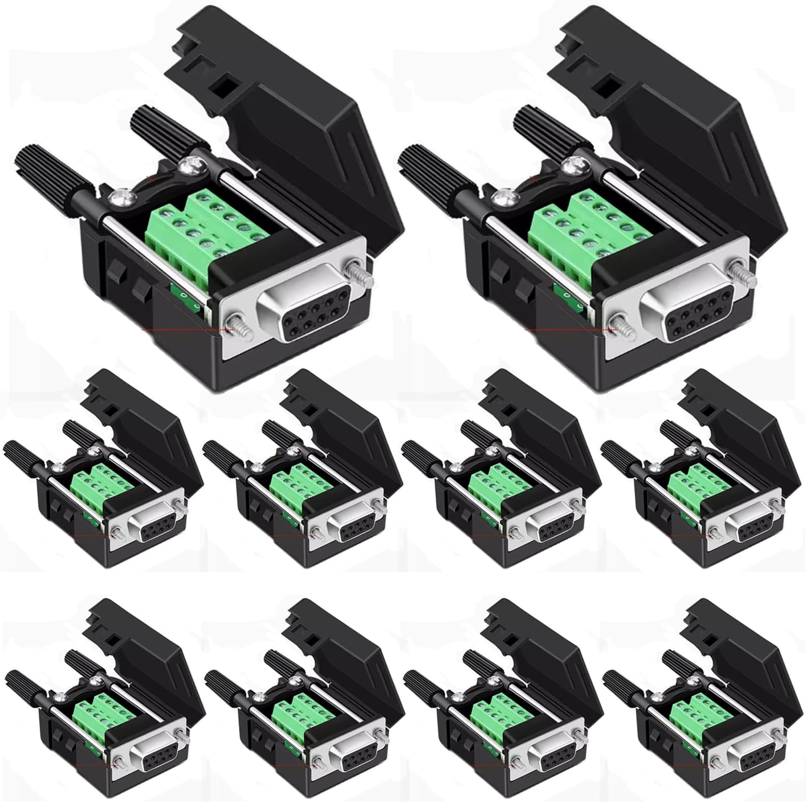 Willwewon 10PCS DB9 Female Solderless Breakout Connector, RS232 D-SUB DB9 Serial to 9Pin Port Terminal Block with Case Long Bolts Tail Pipe