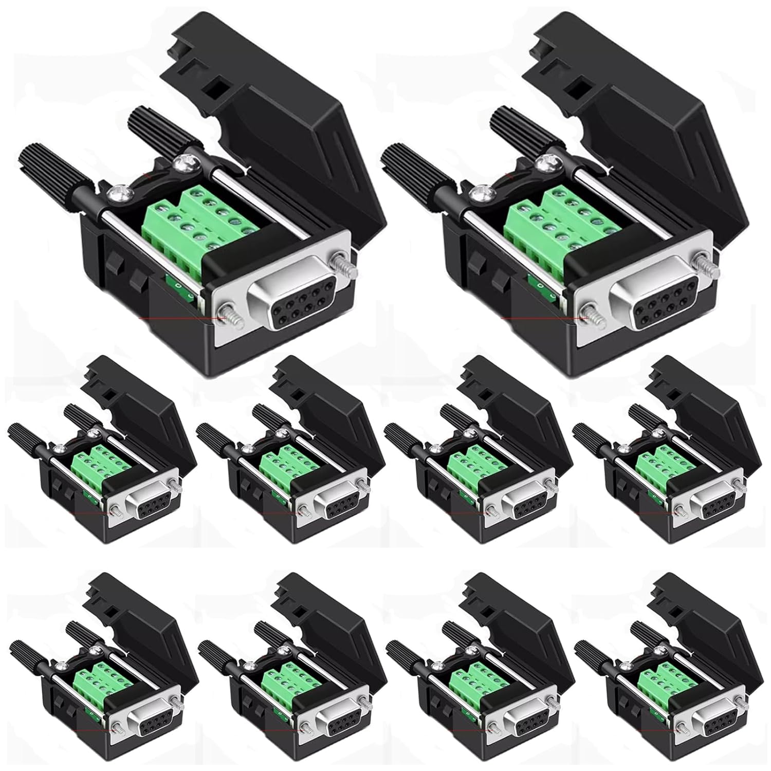 Willwewon 10PCS (5PCS Male 5PCS Female) DB9 Solderless Breakout Connector, RS232 D-SUB DB9 Serial to 9Pin Port Terminal Block with Case Long Bolts Tail Pipe