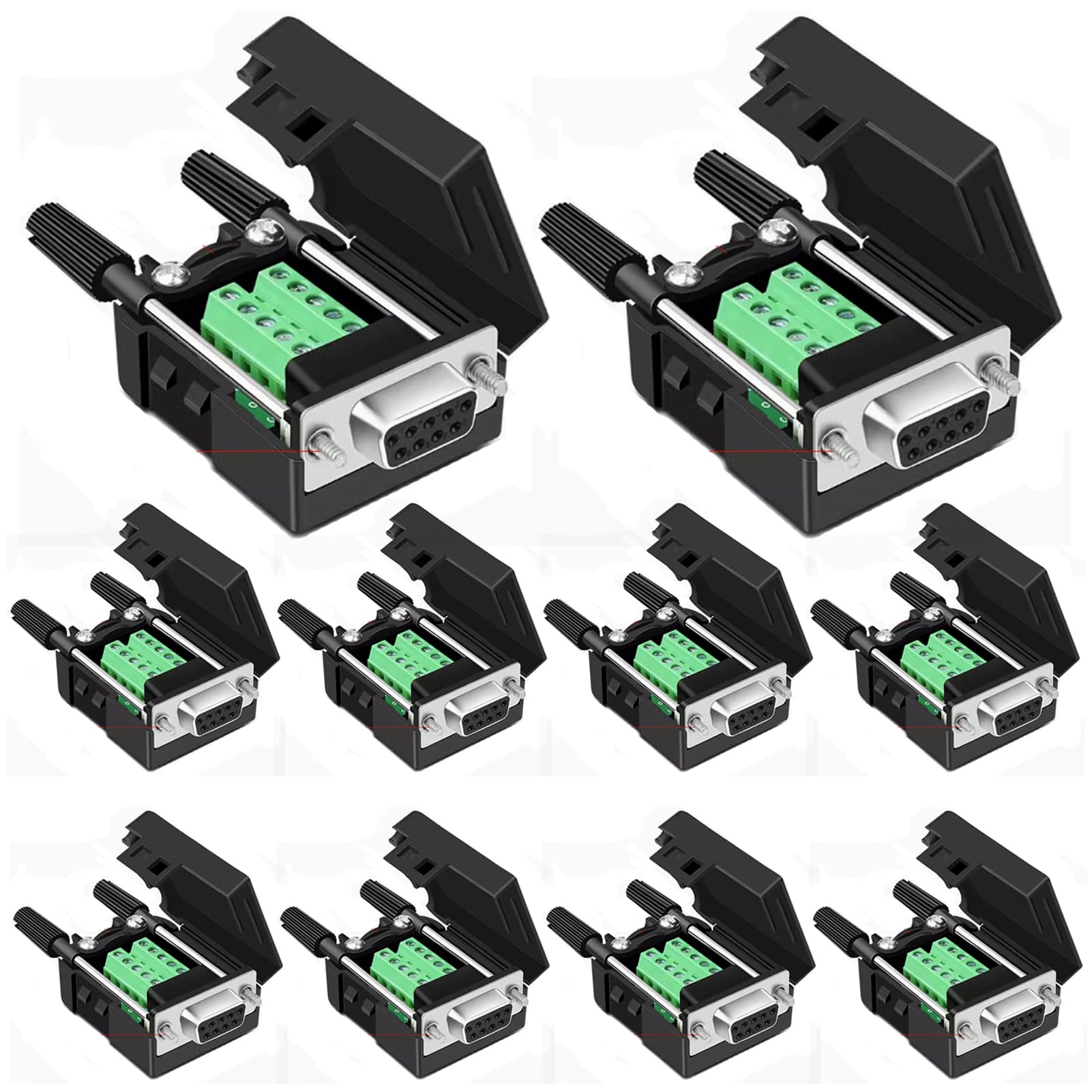 Willwewon 10PCS DB9 Female Solderless Breakout Connector, RS232 D-SUB DB9 Serial to 9Pin Port Terminal Block with Case Long Bolts Tail Pipe